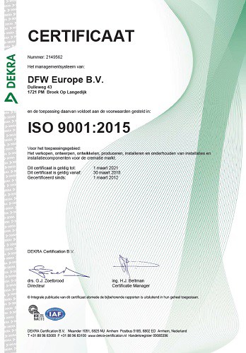 Certificaat ISO 9001 2015 - DFW Europe